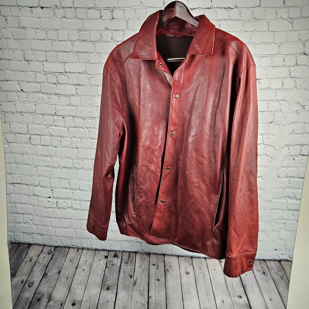 Andrew Marc Mens Red Leather Snap Front Shirt Jacket XL Burgundy RN 74847